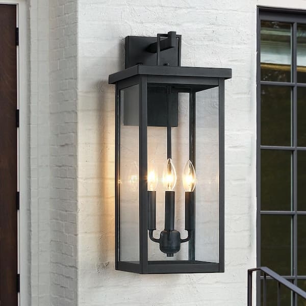Outdoor Wall Lantern: Flat Top Rectangular 3-Light Black