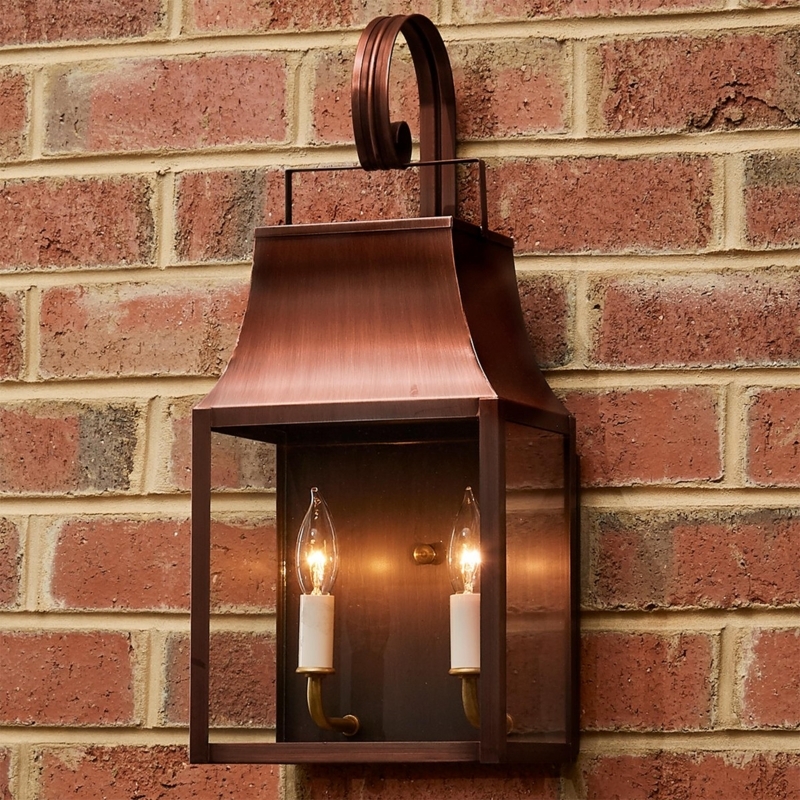 Outdoor Wall Sconce: Antique Copper Curved Hood Colonial Lantern