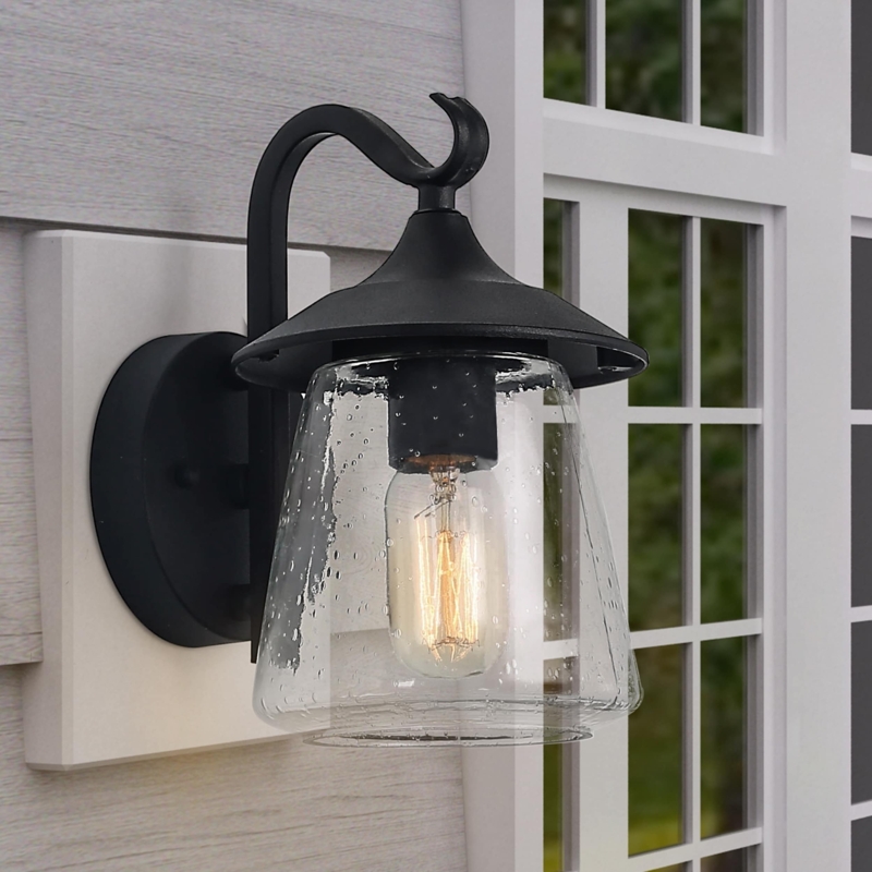 Outdoor Wall Sconce: Matte Black Seeded Glass Tapered Shade