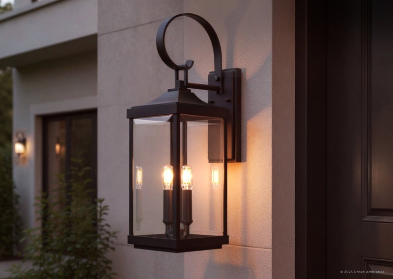 Outdoor Wall Sconce: Midnight Black Scroll Arm 2-Light Lantern