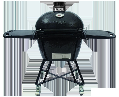 Oval Ceramic Kamado Grill with Foldable Side Shelves on Mobile Cart