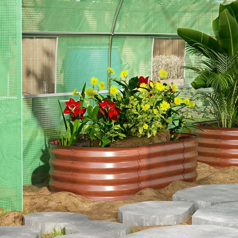 Oval Corrugated Raised Garden Bed with Wood Grain Finish