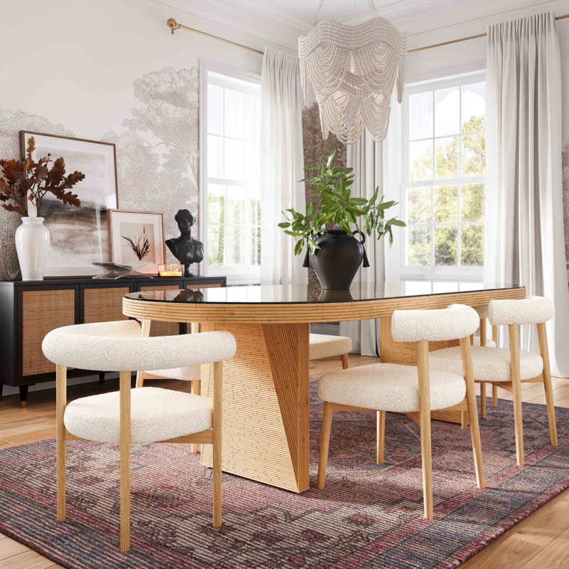 Oval Dining Table Natural Rattan Slatted Pedestal Base Glass Top