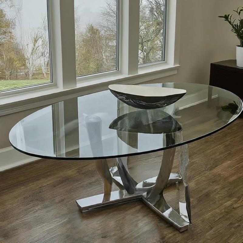 Oval Dining Table Polished Chrome Intersecting Sculptural Metal Base