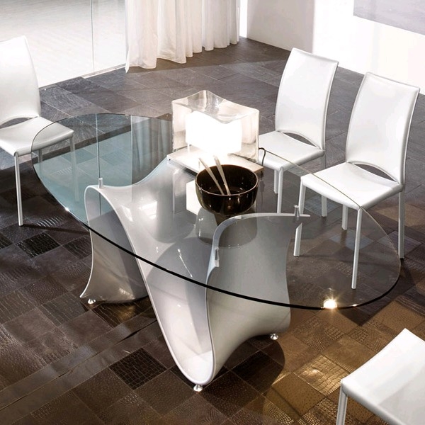 Oval Dining Table Sculptural Wave Base White Clear Glass