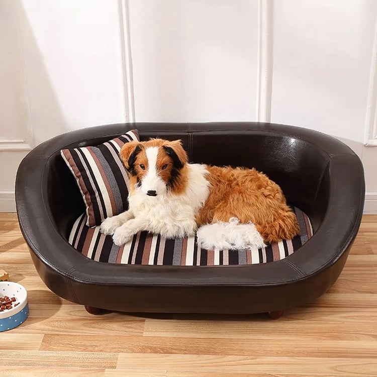 Oval Dog Bed with Elevated Feet and Neutral Striped Cushion