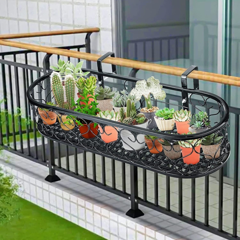 Oval Wrought Iron Hanging Planter with Railing Hooks