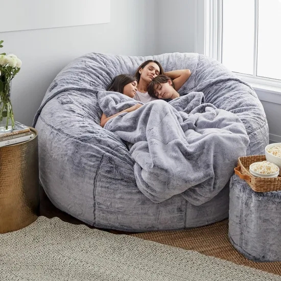 Oversized Bean Bag Lounger Slate Grey Faux Fur Family Seating