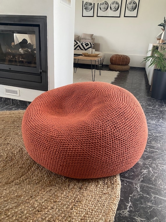 Oversized Chunky Knit Floor Pouf in Vibrant Terracotta Orange