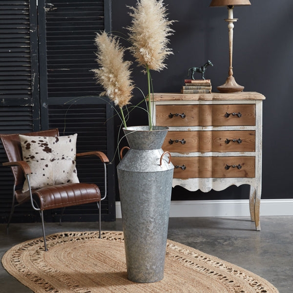 Oversized Galvanized Floor Vase Distressed Finish Ring Handles Rustic