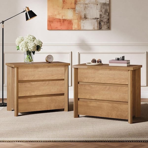 Oversized Nightstand in Light Brown: Modern Handleless Bedside Chest