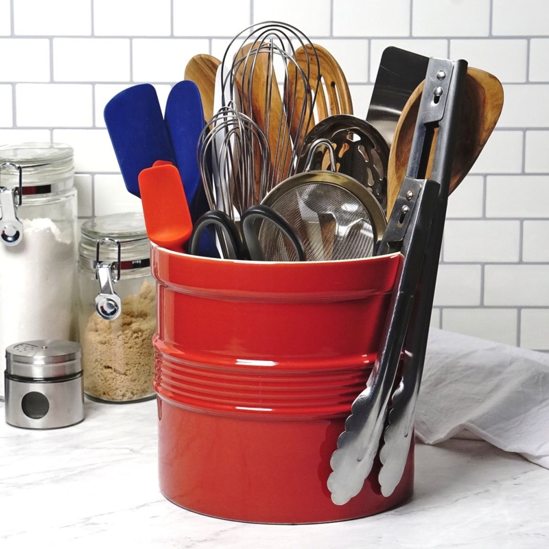 Oversized Red Ceramic Utensil Crock with Ribbed Texture