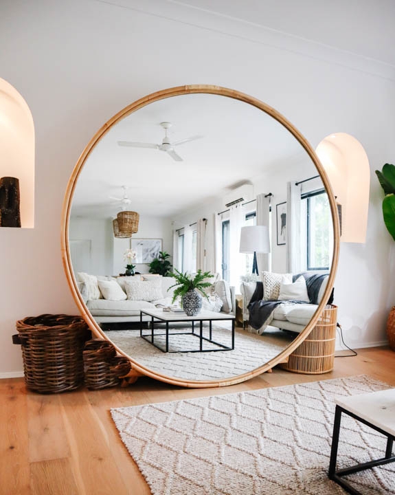 Oversized Round Mirror, 180cm Diameter with Natural Rattan Frame
