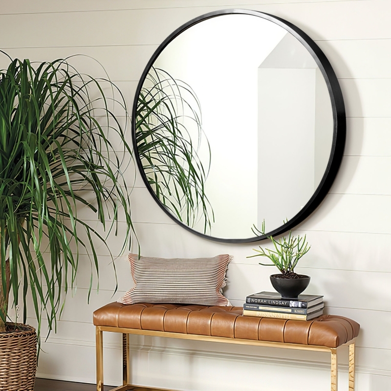 Oversized Round Mirror, Slim Matte Black Frame for Entryway