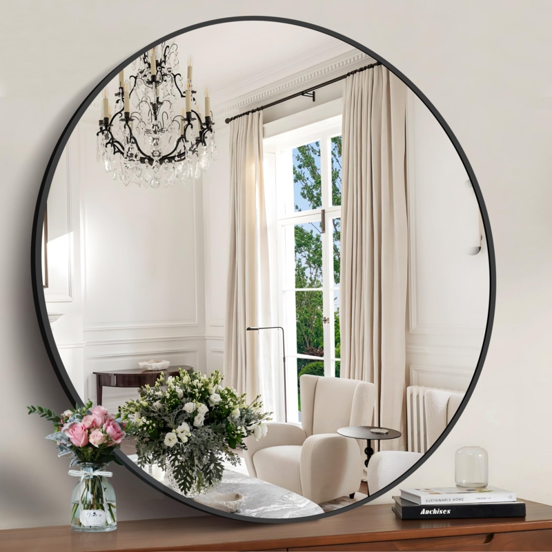 Oversized Round Mirror with Thin Matte Black Frame & Minimalist Style