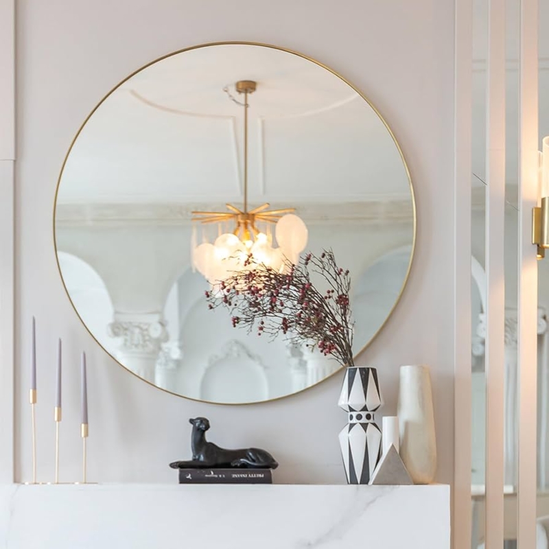 Oversized Round Wall Mirror with Thin Gold Frame for Mantel Decor