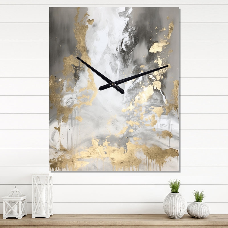 Oversized Wall Clock Gold Leaf Drips Canvas Art Fluid Abstract