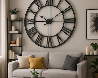 Oversized Wall Clock Matte Black Skeleton Frame Industrial