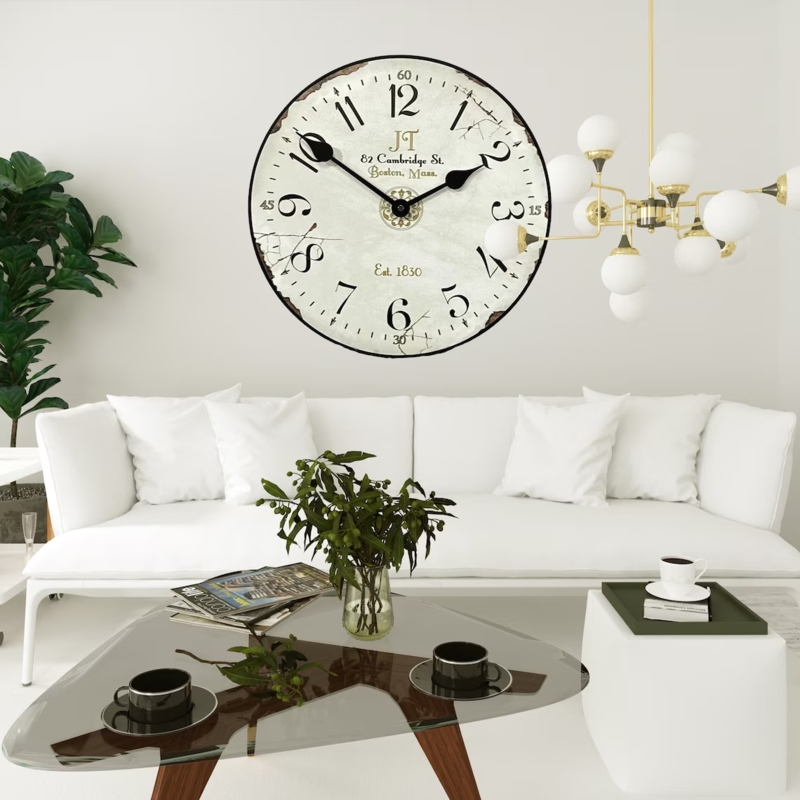 Oversized Wall Clock Vintage Industrial, Antique White, Distressed Edges