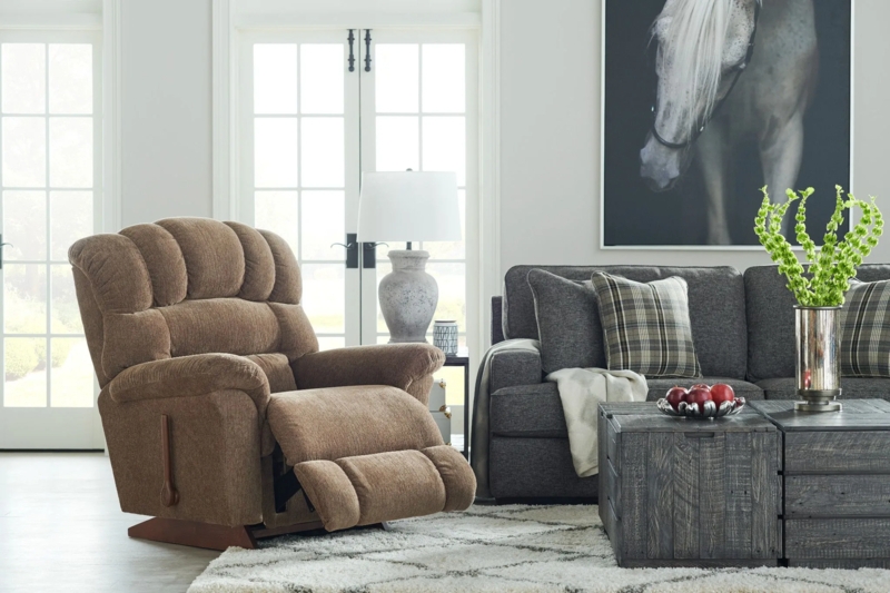 Oversized Warm Brown Rocking Recliner with Segmented Back