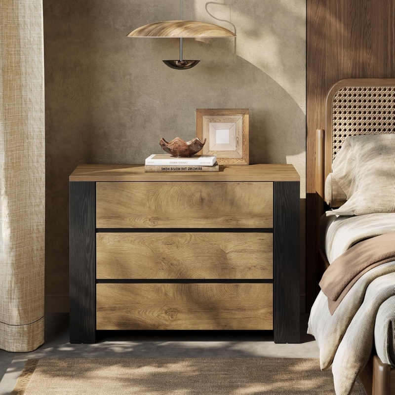 Oversized Wood Nightstand: Japandi Bedside Chest with Black Accents