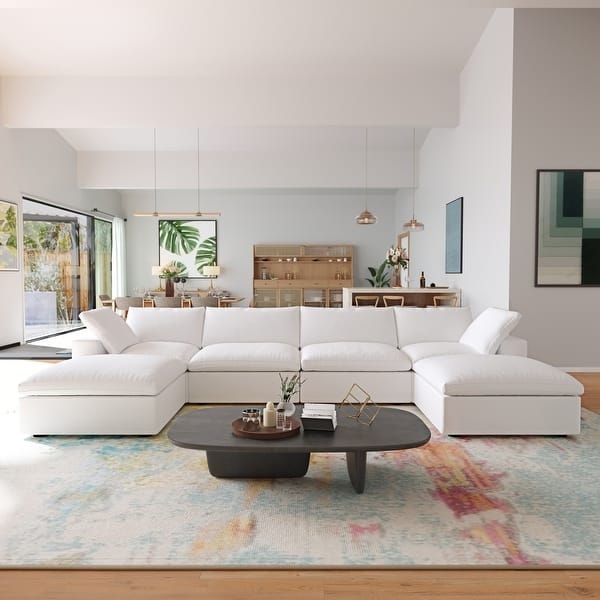 Overstuffed White Sectional with Double Chaise Lounge and Pillow-Top Cushions