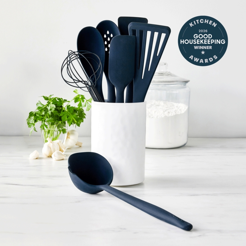 Oxford Blue Silicone Utensil Set with Textured White Crock