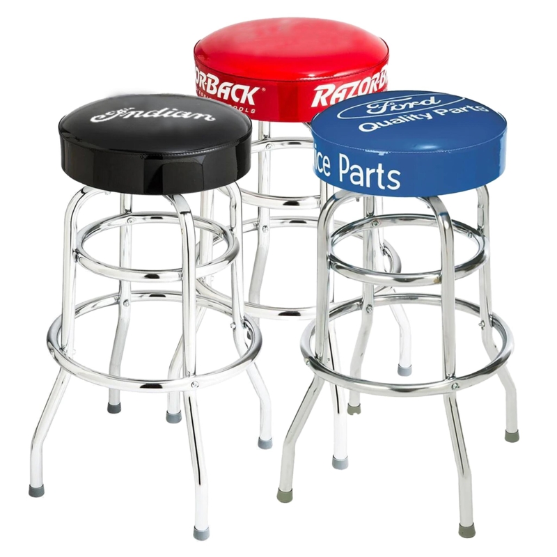Padded Vinyl Stool Set, Branded Logos, Polished Chrome Frame