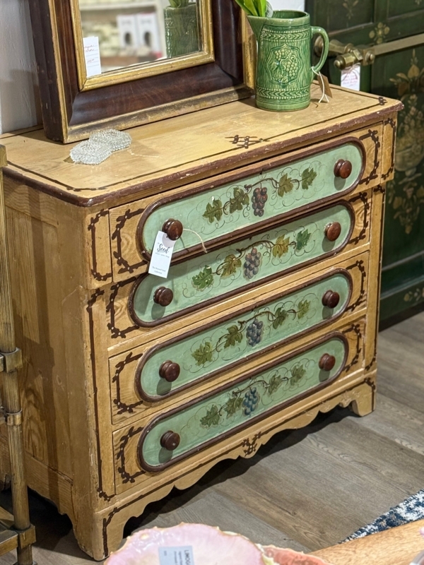Painted Dresser Folk Art Honey Pine with Hand Painted Grape Motifs