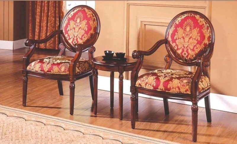 Pair of Accent Chairs: Burgundy Red Gold Floral Damask Medallion