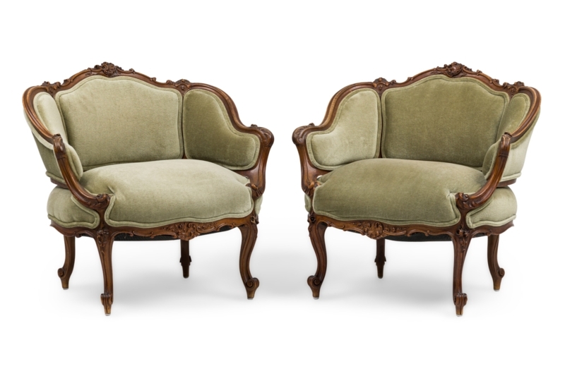 Pair of Accent Chairs: Louis XVI Low Back in Sage Green Velvet