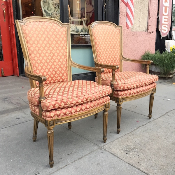 Pair of Accent Chairs: Terracotta Diamond Geometric Gilded Wood