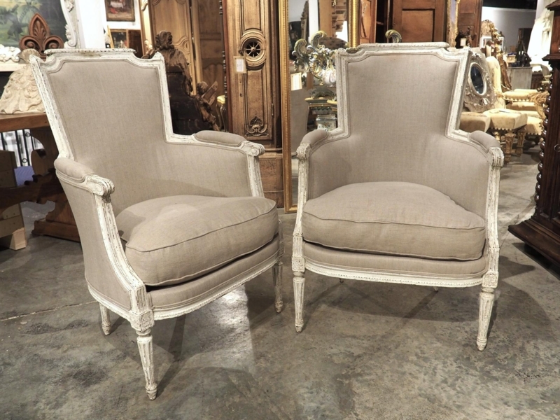 Pair of Accent Chairs: Whitewashed Distressed Frame Linen Seating