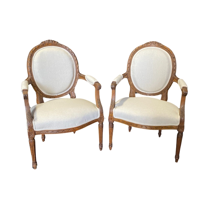 Pair of Armchairs: Louis XVI Style Acanthus Carved Wood Frames