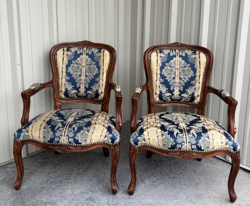 Pair of Armchairs: Navy Blue Damask French Provincial Mahogany