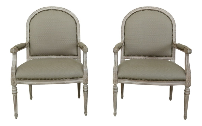 Pair of Armchairs: Neoclassical Whitewashed Frame Sage Green Fluted