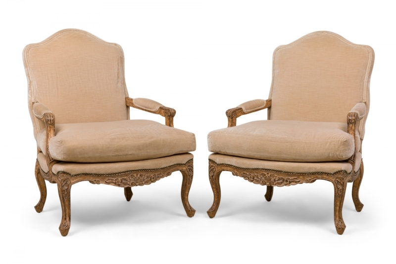 Pair of Armchairs: Scalloped High Back in Warm Beige Velvet