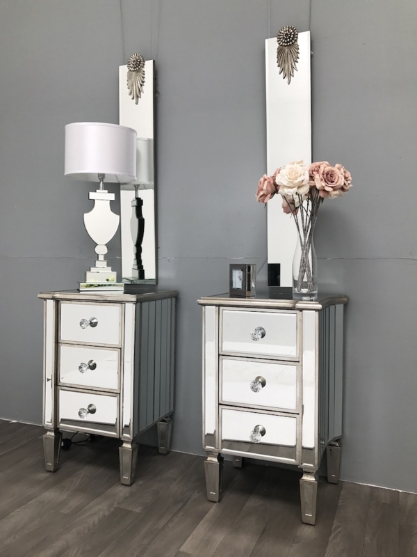 Pair of Mirrored Bedside Tables: 3 Drawers & Crystal Knobs Set