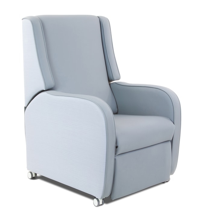 Pale Blue Hospital Recliner, Winged Headrest, Swivel Casters, Matte Finish.