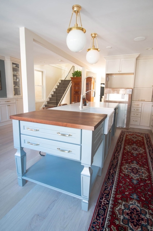 Pale Blue Kitchen Island with Farmhouse Sink & Butcher Block