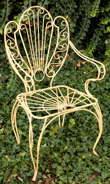 Pale Yellow Victorian Garden Chair with Fan Back and Scrollwork Accents