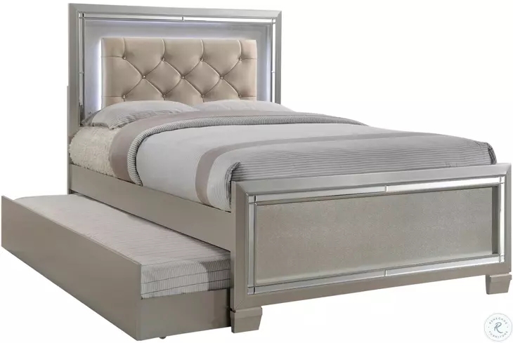 Panel Bed Trundle Champagne Metallic Finish and LED Headboard
