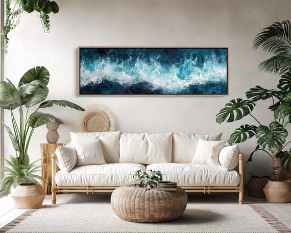 Panoramic Wall Art Abstract Wave Pattern Canvas Slim Frame Teal Coastal