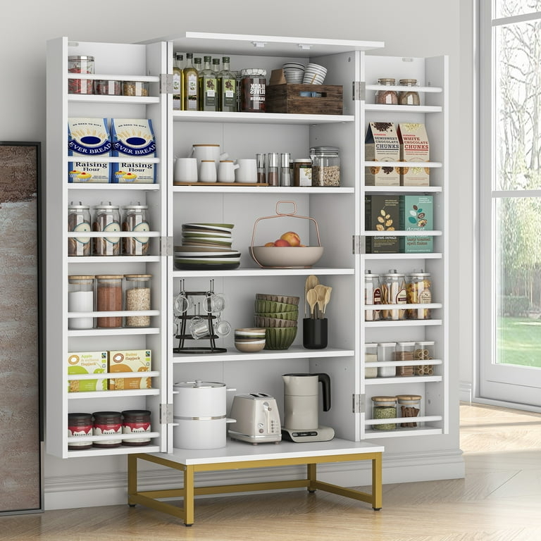 Pantry Cabinet Elevated Gold Toned Base with Slim Profile Design