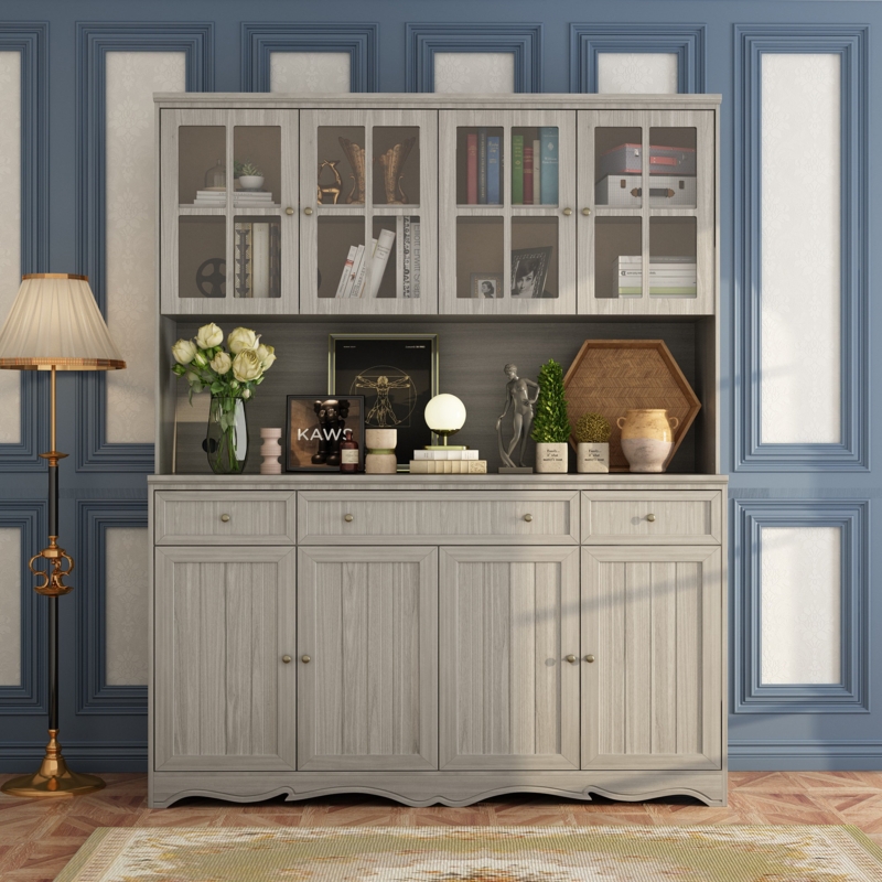 Pantry Cabinet Hutch Light Gray Wood Grain with Scalloped Base Apron