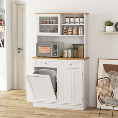 Pantry Cabinet Hutch White with Tilt Out Trash Bin and Glass Front