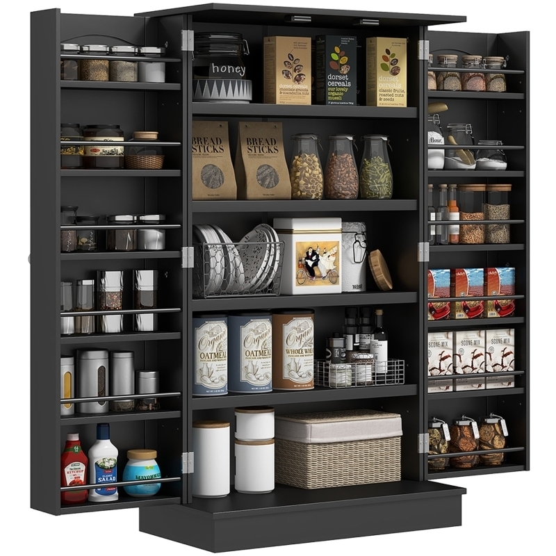 Pantry Cabinet Matte Black with 12 Door Shelves and Metal Guardrails