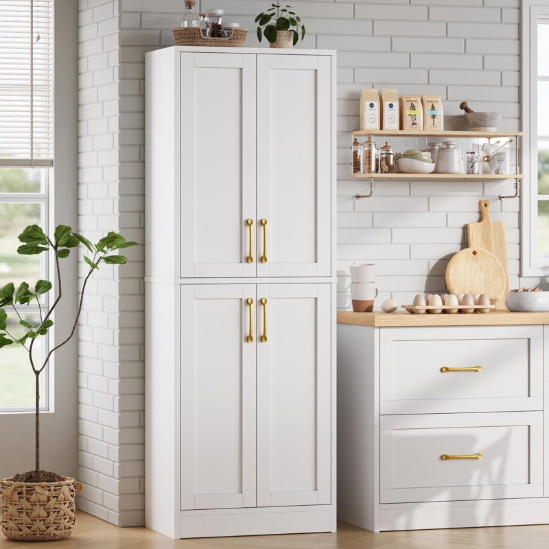 Pantry Cabinet Matte White 4-Door with Gold Hardware Slim Pulls