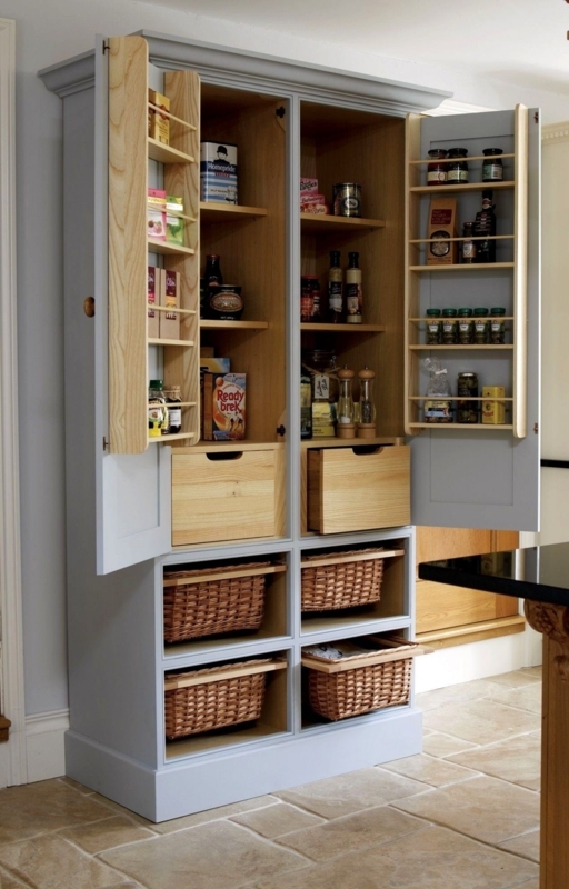 Pantry Cabinet Slate Blue Gray with Wicker Baskets and Door Spice Racks