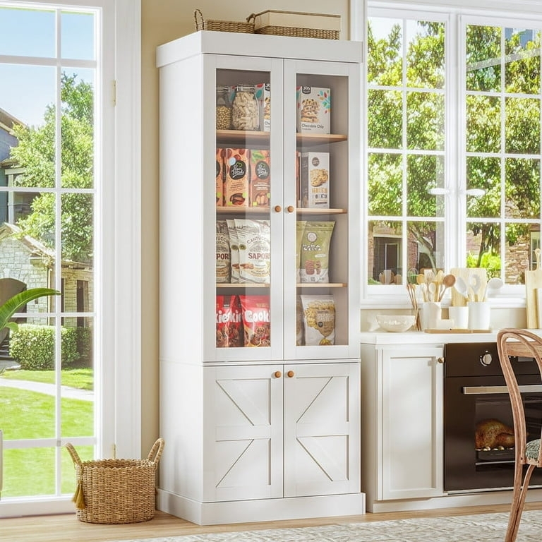 Pantry Cabinet White Farmhouse Tall, X-Brace Doors, Glass Front